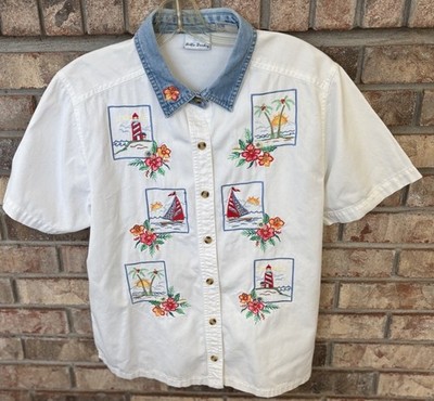 Vintage BOBBIE BROOKS White Embroidered NAUTICAL DENIM Collar SHIRT Medium