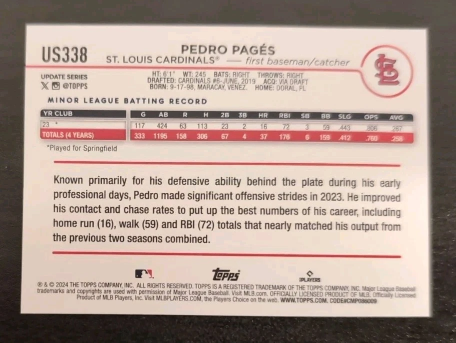 Pedro Pages #US338 2024 Topps Update Series RC Base Rookie Card Cardinals - Image 2 of 3