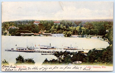 Postcard WI Lake Geneva Wisconsin Geneva Bay Boats Walworth County B136