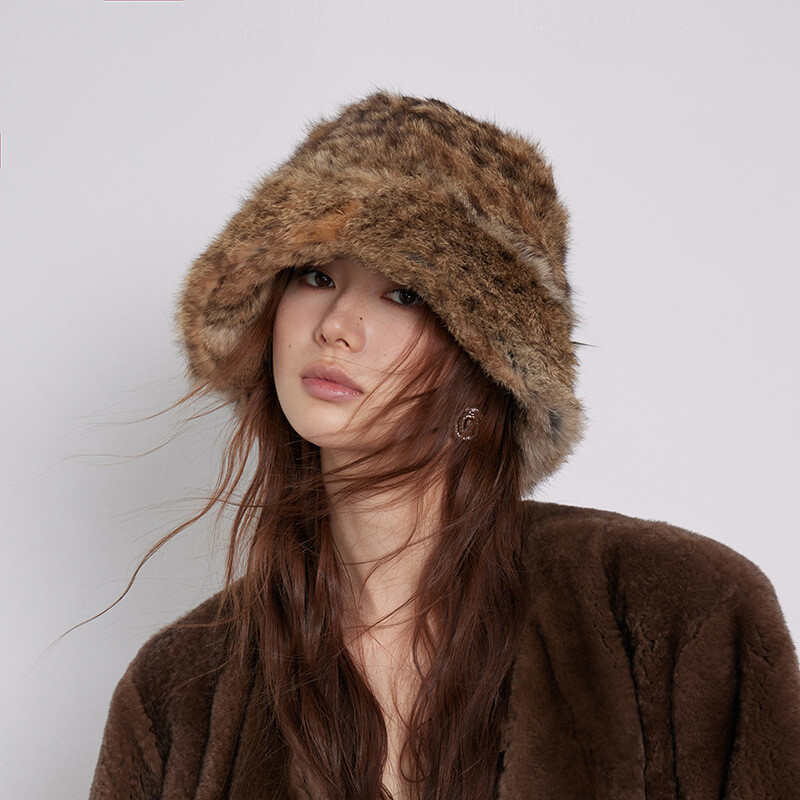 Retro Style Womens Hats Bucket Hat Real Rabbit Fur Leopard Print