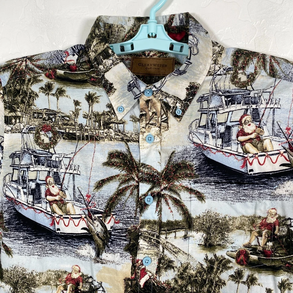Camisa Clearwater Para Hombre Grande Azul Con Botones Manga Corta Navidad Papá Noel Pez Foto 2 de 4