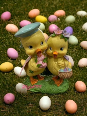 Easter Spring Yellow Ducks Couple Resin Figurine Tabletop Decor 8''