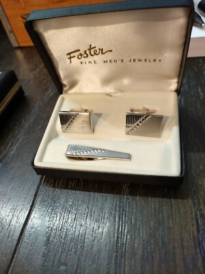 FOSTER FINE MEN'S JEWELRY SILVER TONE CUFF LINKS & TIE BAR SET NIB E4