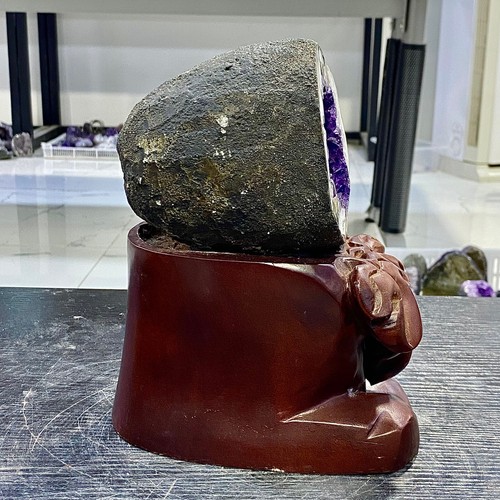 6.09LB Uruguay Natural Amethyst Money Bag Cave Decoration+Bracket - Picture 15 of 15