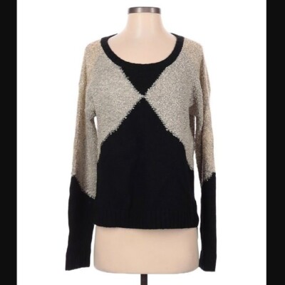 Hem & Thread Women's Size Small/Medium Crewneck Sweater Black Beige Diamond Geo