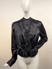 EDWARDIAN SHINING JET BLACK SILK SATIN BLOUSE W JET BEADING