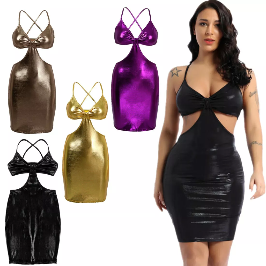 Shiny spaghetti strap dress sale