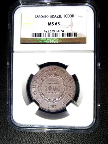 1860 /50 Overdate Brazil 1000 Reis, NGC MS 63, 3 Finer @ NGC, 074