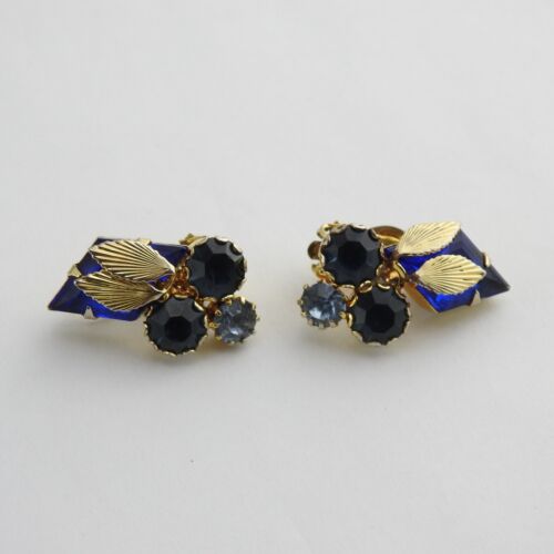 Vintage Nachlass Kobalt Marineblau Glas Strass Ohrringe Clip On Goldfarben - Bild 4 von 10
