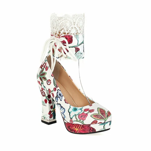 Scarpe da sposa donna stampa retrò punta rotonda pizzo tacco spesso tacco super alto - Foto 7 di 17
