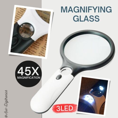 Magnifying Glass Lens 3 LED 45X Magnifier Find Optical Reading High Illuminated - Picture 1 of 13