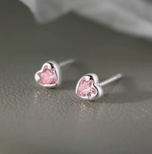 Silver Love Pink Heart CZ Stud Earrings