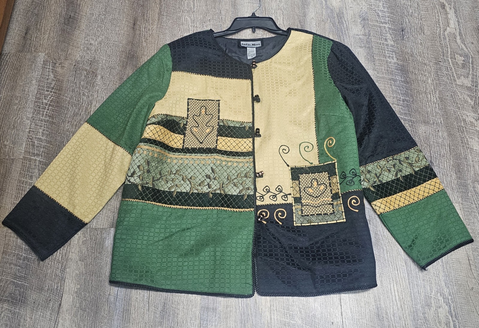 Indigo Moon Green Patchwork Embroidered Button Up… - image 1