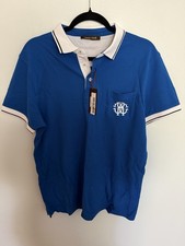 Roberto Cavalli Men  s Polo Shirt Blue White Trim Logo XL 100 Cotton NWT