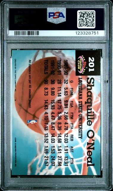 1992-93 Topps Stadium Club #201 Shaquille O'Neal ROOKIE Magic Lakers HOF PSA 8.5 view 2