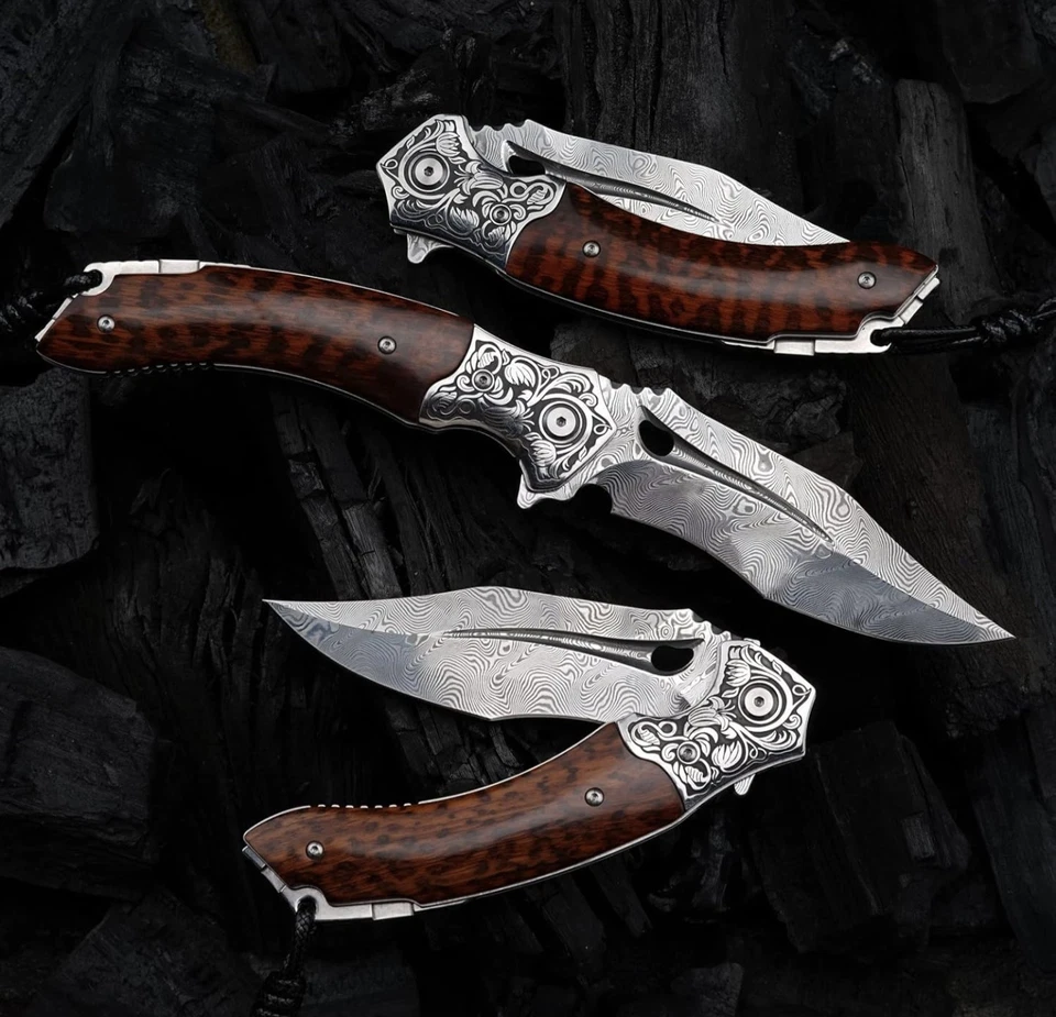 Nova faca de bolso dobrável japonesa VG 10 aço damasco EDC com bainha de couro - Imagem 3 de 4