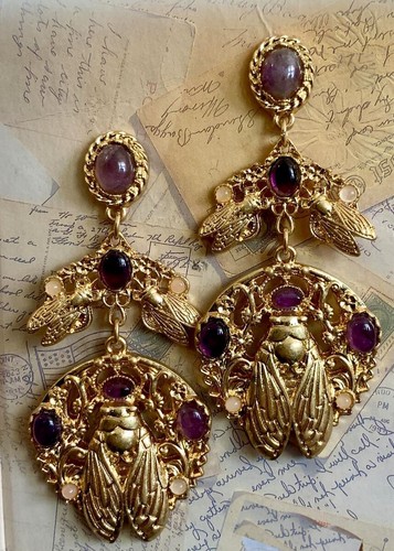 Gold Ornate Cicada Dangle Earrings Purple Amethyst Cabochon Huge Insects
