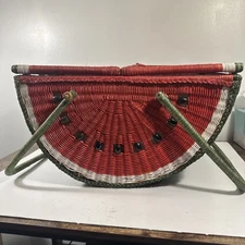 Vintage Wicker Picnic Basket Watermelon Wedge Shaped With 4 Full Place Settings