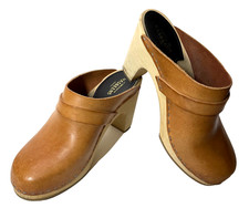 Swedish Hasbeens Louise Leather Heeled Clog Mule Size 36 US 6M Wood Slip In