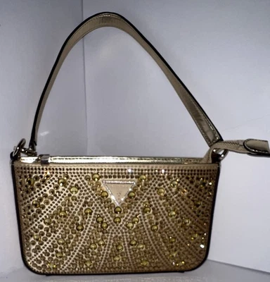 Bolso de Hombro GUESS Dorado Metálico Estrás Tachonado Cremallera Superior, Correa Desmontable - Imagen 1 de 4