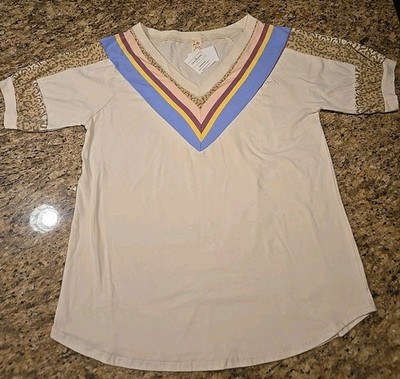 7Th Ray Shirt Womens Large Striped Cheetah Pink Blue Tan Hippie Boho