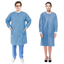 Blue SMS Disposable Lab Coats Snap Front Knit Cuffs 10 Pack Large 44 in 50 gsm