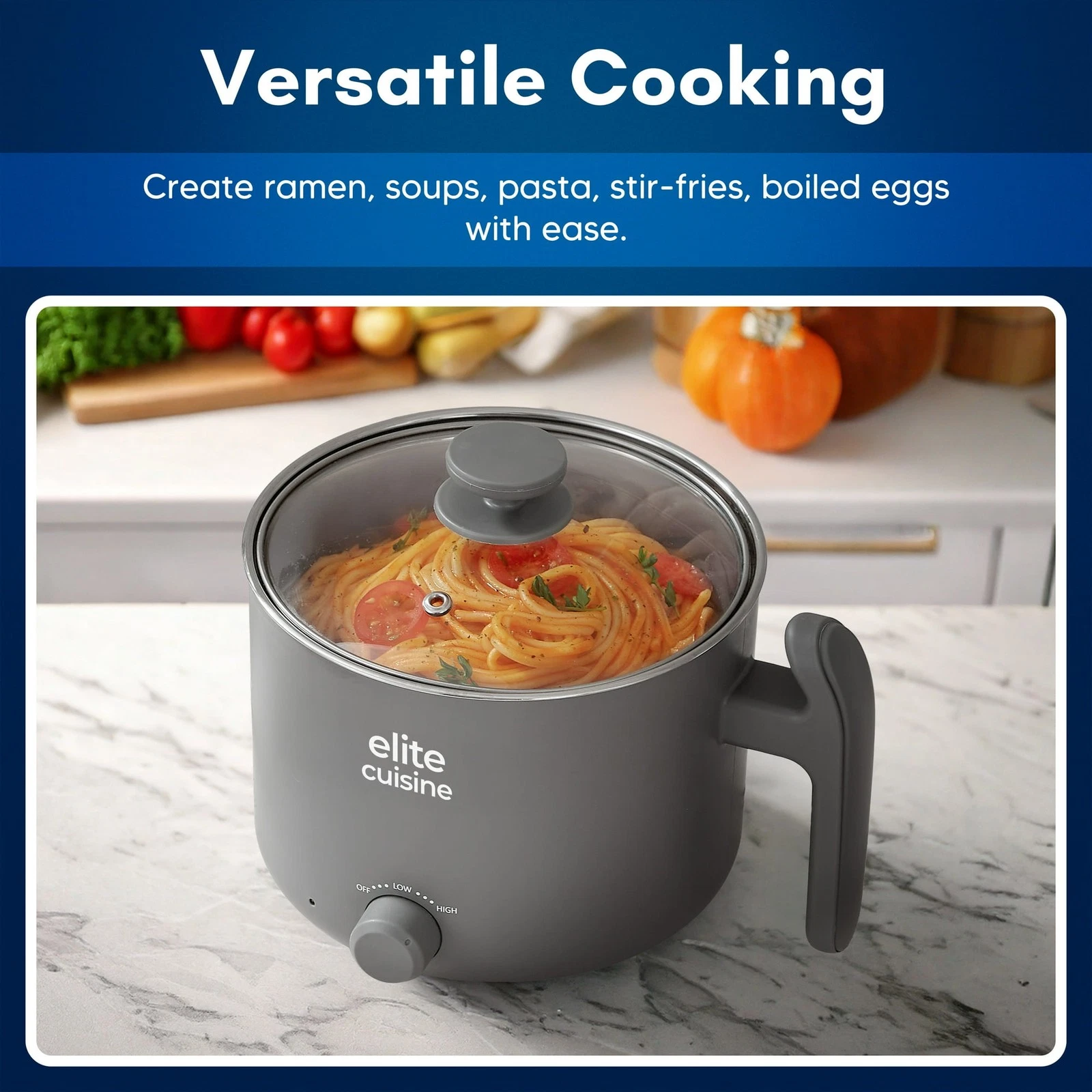 Elite Gourmet Noodle Express Hot Pot Electric Ramen Cooker Portable 1.25Qt Gray