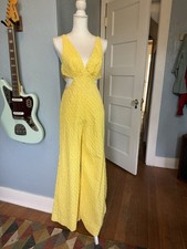 1960s 1970s Textured Cotton Jumpsuit with Cutouts Sunny Yellow Size Small