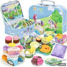 Horse Tea Party Set 50Pcs Tin Teapot Toy Girls Ages 3-6