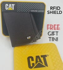 CAT Caterpillar Mens GENUINE LEATHER RFID TRIFOLD WALLET CHOCOLATE in GIFT TIN