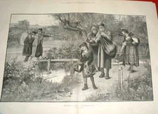 Original Old Antique Print Strolling Acrobats 1883 Entertainment 19th