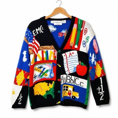 THE EAGLE'S EYE Vintage Back To School Knit Cardigan Sweater Patchwork Sz S PP28