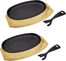 Cast Iron Sizzling Plate With Wooden Base & Removable Handle,8x5.5x0.82 inches