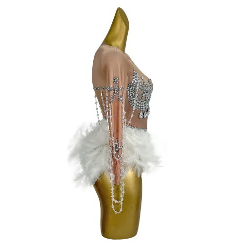 Sparkly Crystals White Feather Bodysuit Stage Performance Outfit Sexy