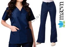 Maevn Women's Navy Blue Scrub Set 2 Pocket Top Flare Leg Pants Sizes 2XS to 2XL