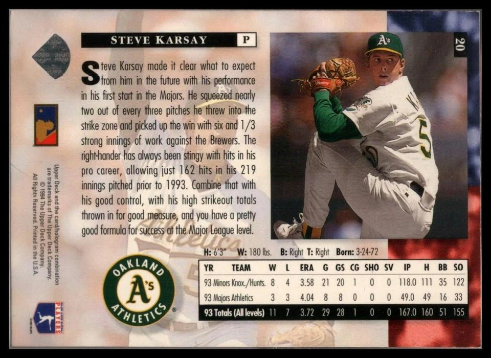 1994 UPPER DECK ELECTRIC DIAMOND #20 STEVE KARSAY OAKLAND ATHLETICS - Image 2 of 2