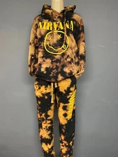 Men Nirvana Inspired Bleach TieDye Set /  Hoodie & Pants Smiley Outfit Unisex 