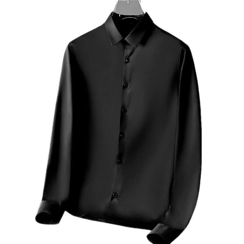 New S-4XL Men Shirt Silk Satin Smooth Mens Solid Tuxedo Business Shirt Plus Size - Image 4 of 4