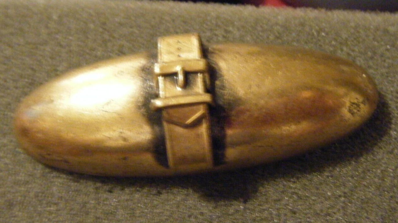 Antique unique brass BELT button design long metal shank oval shape  2.3/8