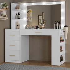White Makeup Vanity Desk with Mirror & 3 Color Modes Adjustable Brightness Table