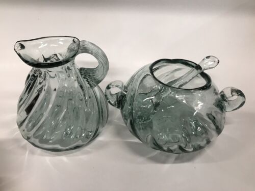 Hand Blown Glass Creamer and Sugar Bowl Set With Spoon Hand Made - Picture 13 of 22
