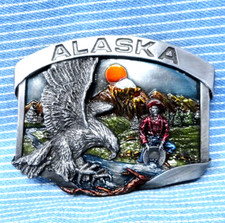 Alaska Belt Buckle Eagle Mountain Frontier Sun Enameled Vtg 80s Siskiyou .CPA557