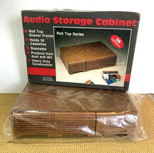 Vintage Audio Cassette Storage Cabinet Faux Wood Oak 36 Tapes 3 Drawer