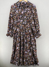 ANN TAYLOR Dress 10 M Floral Collared Crepe Midi Shirtdress Fit Flare Black NEW