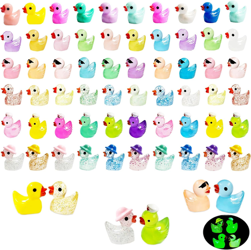 100 PCS Mini Resin Ducks Glow in the Dark 6 Types Glitter Tiny Ducks ...