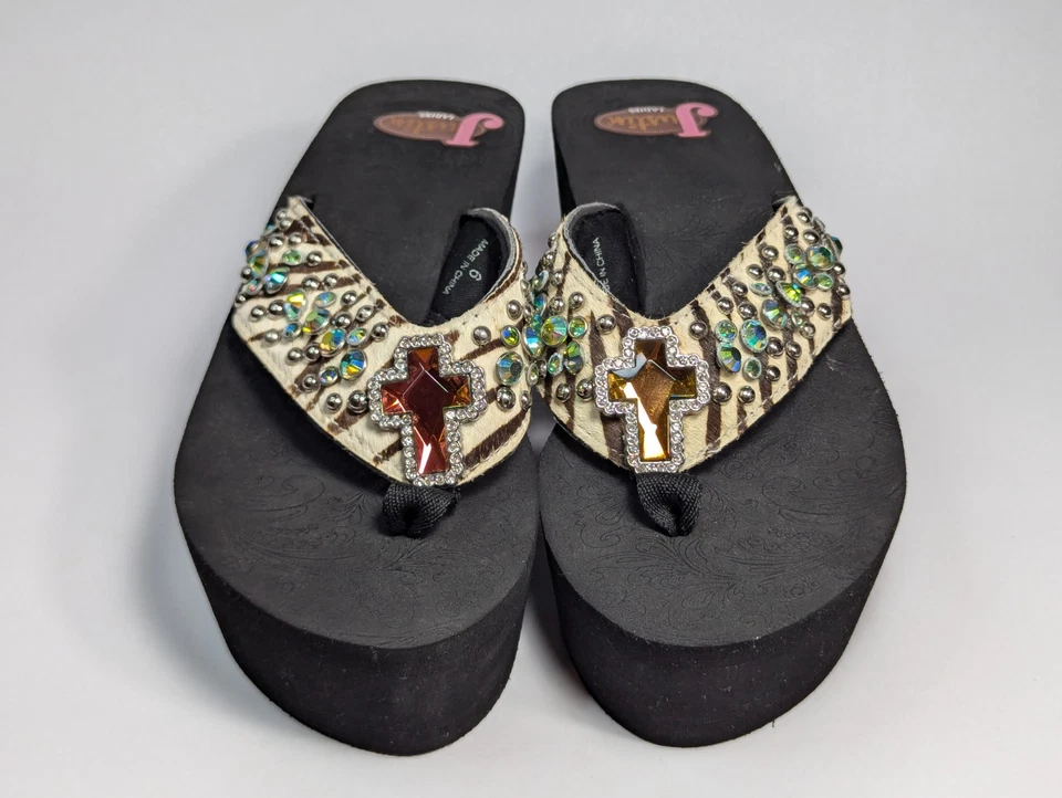 Justin Western Flip Flops Rhinestone Cross Platform Women's Size 6 - Image 4 of 4