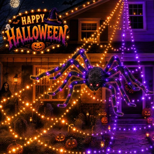 Giant Halloween Spider Web Lights - 550 LED Purple & Orange, Remote Control, 11 prezzo ebay