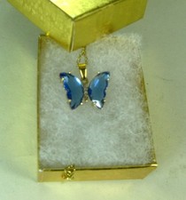 Steel 18K Gold Plated CRYSTAL NECKLACE PENDANT BUTTERFLY blue boxed 0.7x0.7"