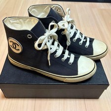 Authentic Chanel Coco Mark High-cut Sneakers White Black 37 size Used Japan