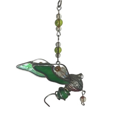 Handcrafted Stained Glass & Metal Dragonfly Ornament   Articulated Wings, Silver